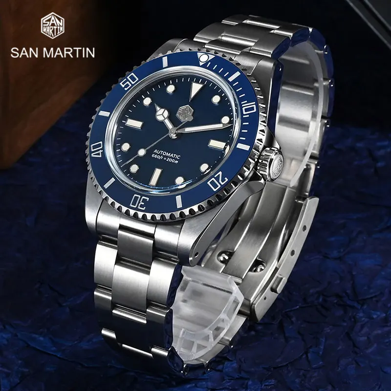 

Классические деловые мужские часы San Martin для дайвинга, водные призраки, автоматические механические наручные часы YN55, водонепроницаемость 20 атм, искусственная кожа, синий цвет