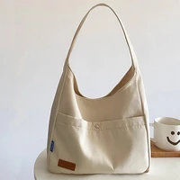 canvas tote bag 2022 women simple solid color shoulder bag with front pocket girl fashion casual large capacity designer handbag