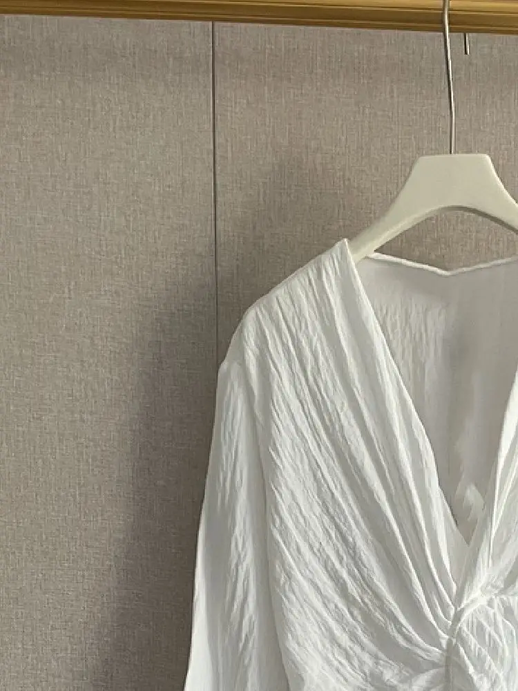 Women Irregular Midi Dress White Elegant Elastic Waist V-neck Long Sleeve Summer 2023 Female Slit Robe Spring