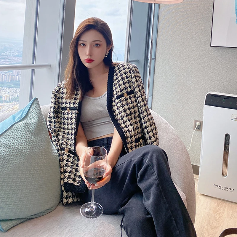 

Women's Elegant Cardigan Autumn Winter Houndstooth Tweed Jacket Fashion Loose Buttons Coat Streetwear 2022 The New Commute Top