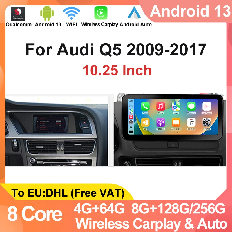 Автомобильный беспроводной видеоплеер Carplay Snapdragon 8G 256G Android 13 для Audi Q5 2009 - 2016
