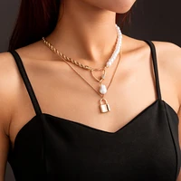 layered chain with heartlockpearl pendant necklace for women asymmetrical pearl beads chian necklace 2022 fashion neck jewelry