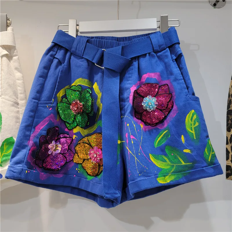 

Retro Printed Elastic High Waist Straight Shorts 2022 New Summer Sequins Flowers All-match Short Jeans Wide Leg Hot Denim Shorts