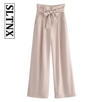 sltnx 2022 women fashion casual straight pants high waist zipper fly solid female trousers with belt women loose wide leg pants