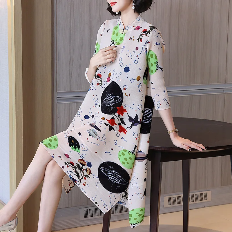 

Mom's Autumn 2022 New Dress Stretchy Pleated Print Mother's Plus Size Dress