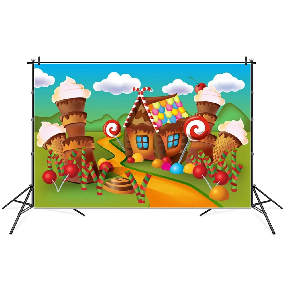

Personalized Candyland Birthday Party Decoration Photography Backdrops Children Cabin Lollipop Chocolate Photographic Background