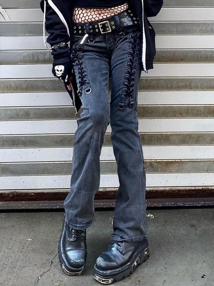 

Eyelet Bandage Punk Goth Grunge Jeans Woman Low Waist Slim Cute Y2K Denim Pants Aesthetic Vintage Streetwear Trousers