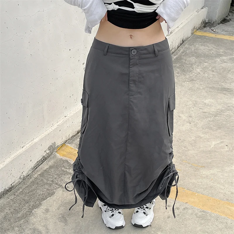 

hirigin Women Long Maxi Skirts with Adjustable Drawstring Solid Color Casual Style Loose Summer Female Clothes Y2K Skirts 2022