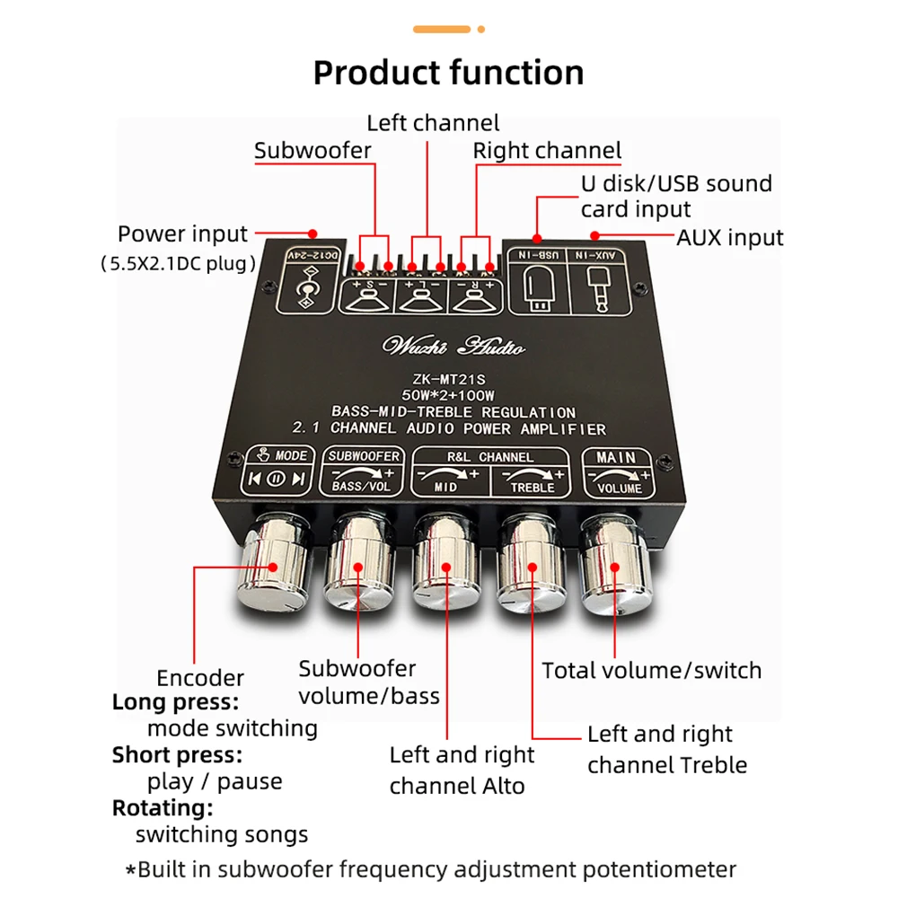 Фото ZK-MT21S 2.1-канальная Bluetooth-плата усилителя звука 50Вт×2+100Вт с регулировкой басов, средних и высоких частот №3