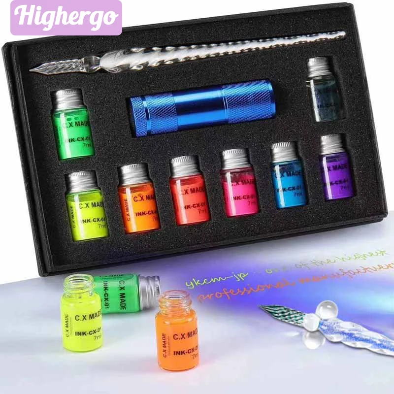 Highergo 10Pcs/Box Invisible Fluorescence Ink Glass Pen Crystal Dip Pen Set with UV Light for Calligraphy Writing Drawing Gift