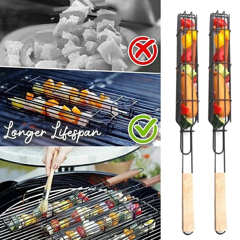 

2 шт. портативная корзина для гриля и барбекю Kabob, корзина для гриля, инструменты для кемпинга, нескользящий гриль для барбекю, сетчатые кухон...