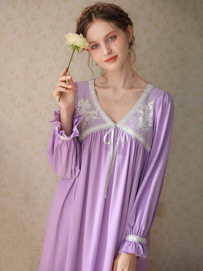 Women Pure Cotton Ruffles Vintage Nightgowns Robe V-Neck Long Dress Victorian Romantic Princess Sleepwear Nightdress Homewear