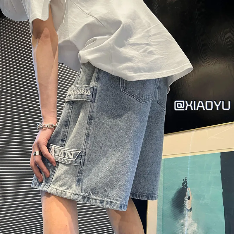 Side Patch Design Jeans Shorts for Mens Summer Fashion Trends High Street Clothes Teens Baggy Denim Pants Plus Size Streetwear