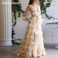 champagne prom dress tulle long sleeve evening dress v neck high split wedding party dress transparent elegant dress formal gown