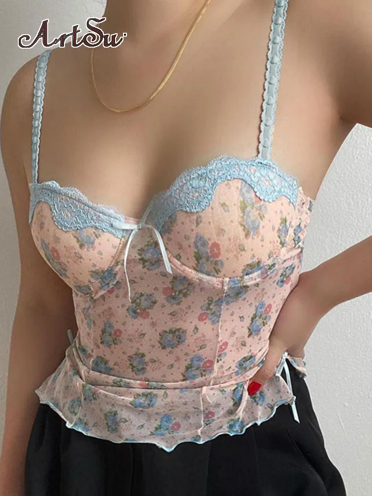 

Artsu, без рукавов, сексуальные Y2K сетчатые кроп-топы для женщин, лето 2022, кружевная отделка, милые майки, тонкие бретельки, жилет для клуба