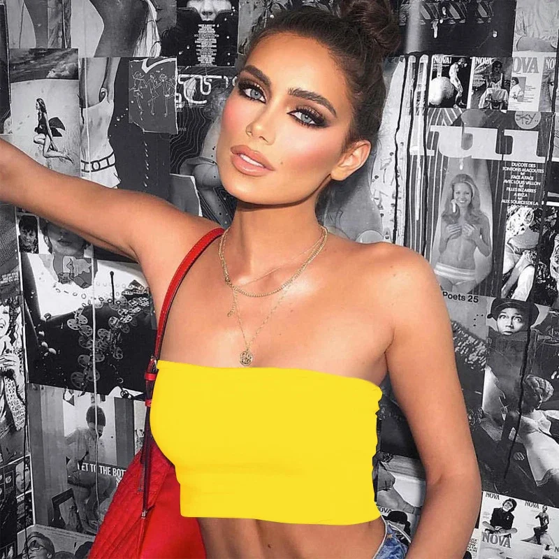 BWQ женский ярко-желтый пуловер корсет узкий короткий Топ без бретелек