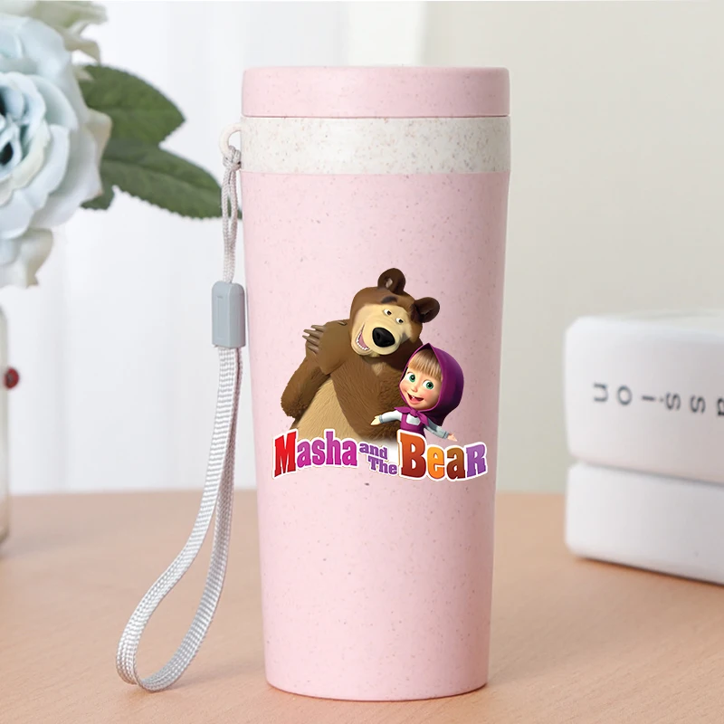 Фото Кружка для воды 350 мл с персонажами из мультфильма «Маша и Медведи», стеклянная, с кристальными наклейками, портативная, для студентов, милый дизайн, подарок для детей №5