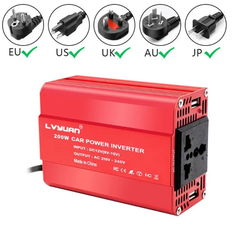 

Преобразователь напряжения 200 Вт, для автомобилей, 12 В постоянного тока в 110 В/220 В, два Переходник USB для зарядки в машине, Синусоидальная волн...
