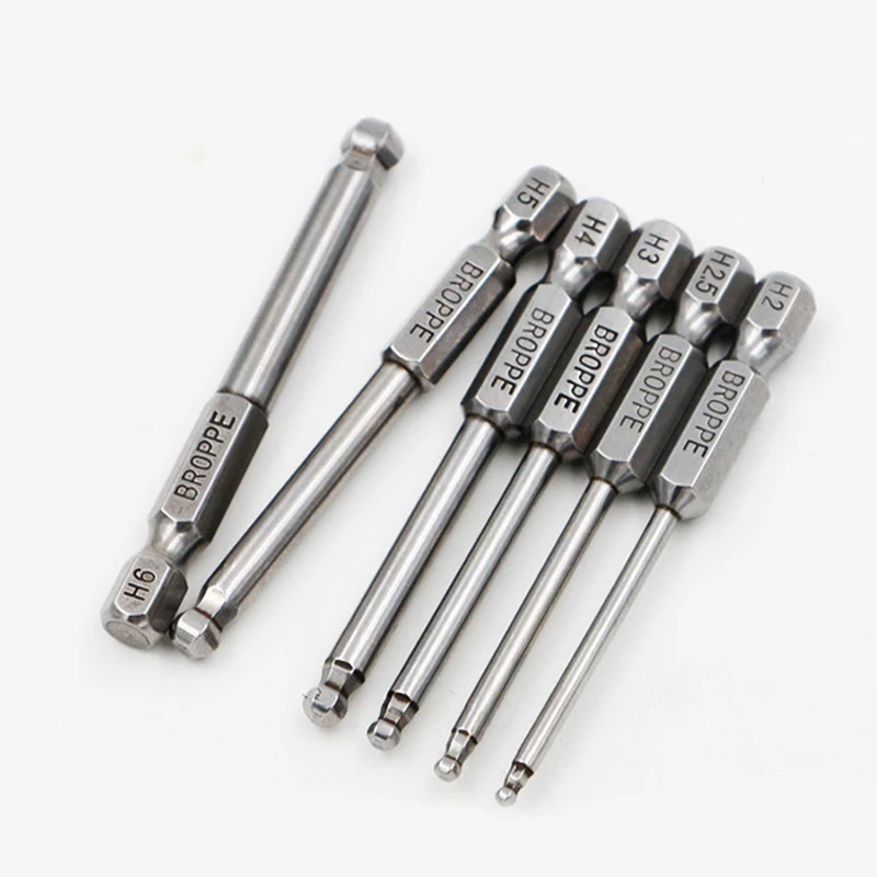 

6 Pcs/set 1/4" 65mm H2-H6 Ball Head Hex Screwdriver Bit S2 Magnetic Electric Drill Hexagonal Screwdriver Head Power Driver Tool