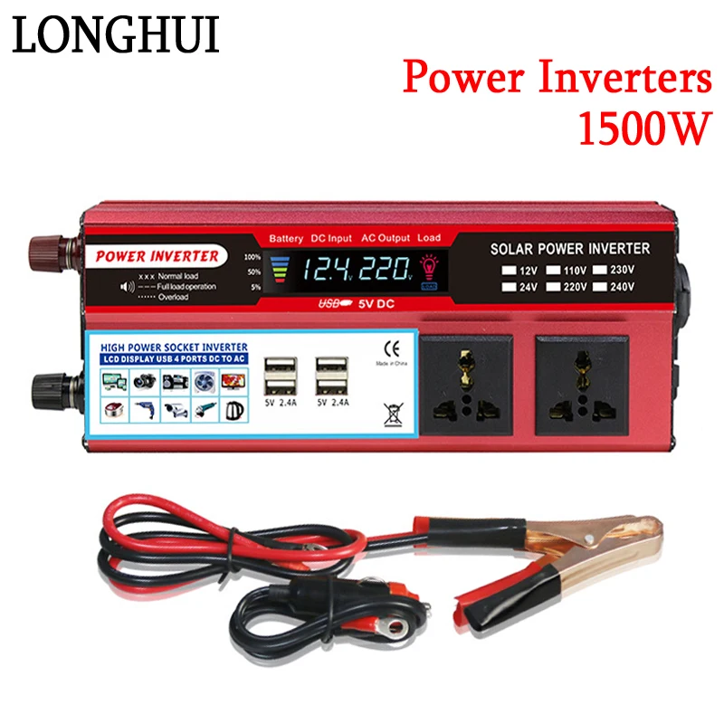 

1500W Pure Sine Wave Inverters DC 12V/24V To AC 110V/220V Transformer Double Socket Power Converters Solar Inverters LED Display