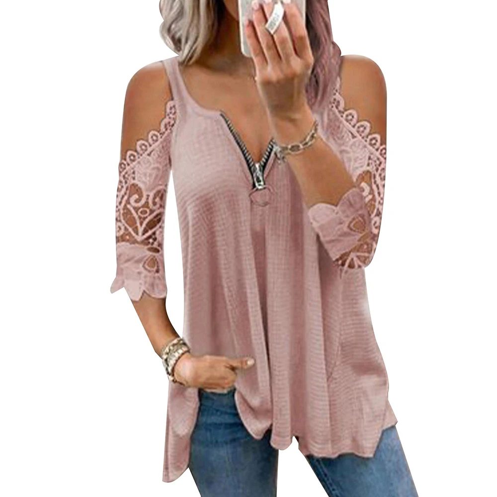 

Women Off The Shoulder Zipper Up Lace 3/4 Sleeve Tops Blouses