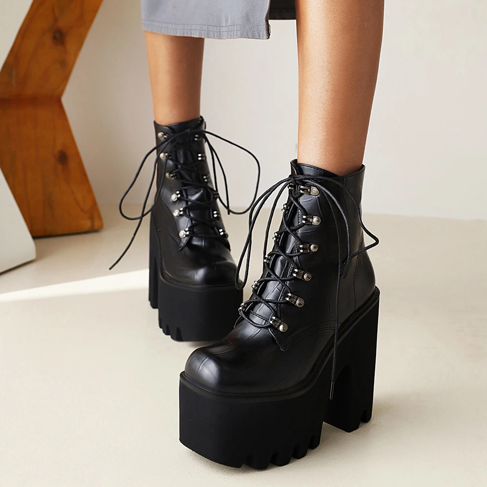 

Women's Shoes Stone Pattern Fashion Lace-Up Thick-Heeled Thick-Soled Motorcycle Boots Ultra-High Waterproof Platform Side Zipper