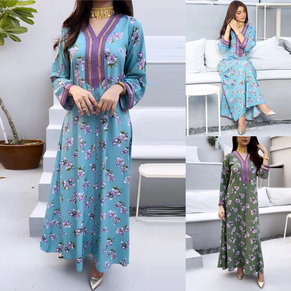 Мусульманское цветочное свободное платье-хиджаб Jalabiya Рамадан Eid 2022 Дубай Abaya марокканский кафтан турецкий этнический стиль