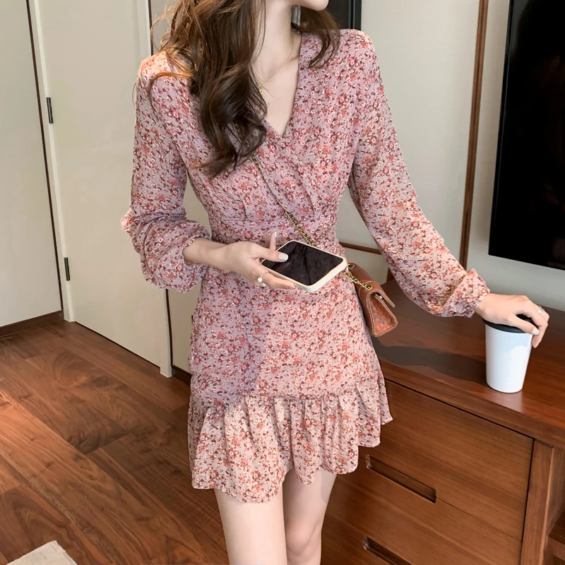 

Ruffle Chiffon Dress V-neck Floral Printed Dress Female Dress Women Long Sleeve Midi Dress Women Korean Dress Elegant 195B