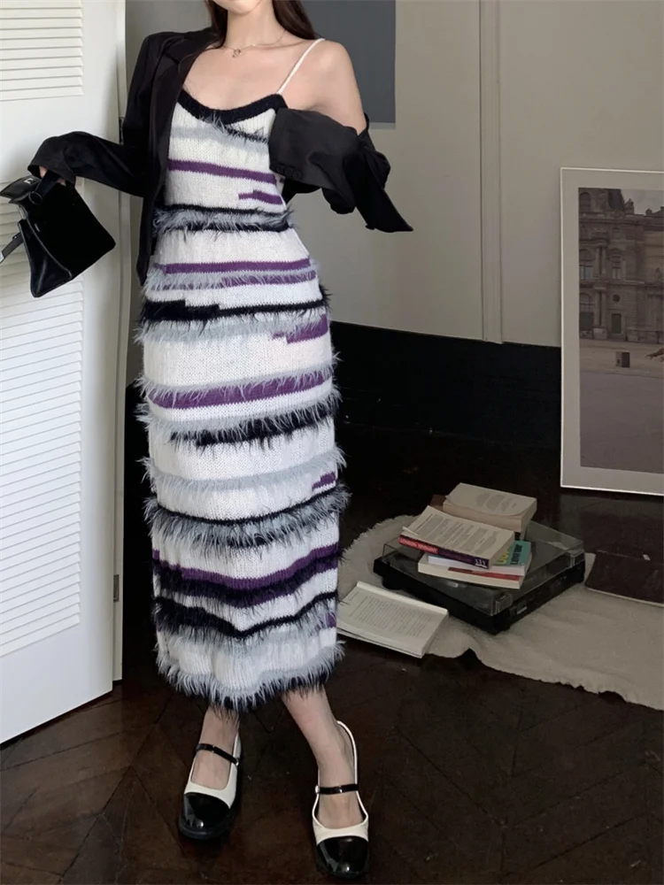 

Autumn New Tassels Knitted Dress for Women Winter New Sleeveless Sheath Stripy Sweater Dresses Sexy Fluffy Furry Long Dress