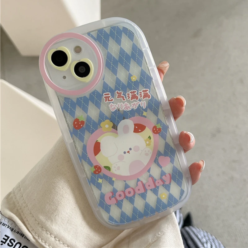 

Cute Grid Rabbit Round Lens Clear Phone Case For iPhone 13 11 12 Pro Max X XR XS Max 7 8Plus Sweet Shockproof Cartoon Soft Cover