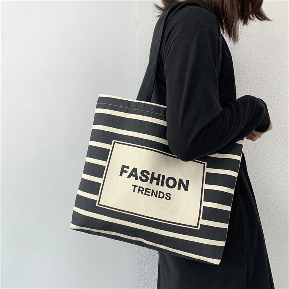 

Retro Striped zipper canvas Bag Women's Large-capacity Shoulder Bag Casual Literature Shopping Bag Eco Fashion Handbag Female