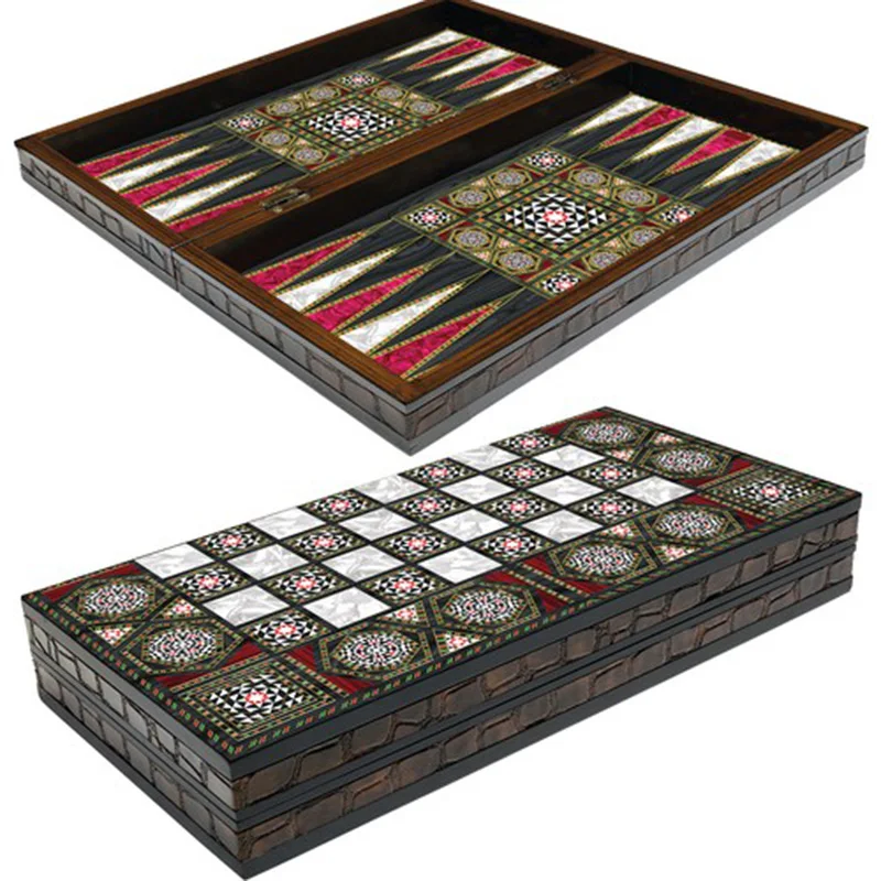 Trendy Luxury Backgammon Board Game Set Wooden Geometric Walnut - With Stamps Dices Gift For Parents Friend Checkers Big Size | Спорт и