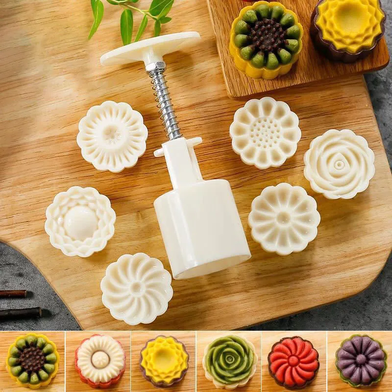 Plastic Mooncake Mold Hand-Press Flower Shaped Cookie Mold 6Pcs/set 50g DIY Baking Tool Pressed Fondant Cookie Moon Cake Cutter