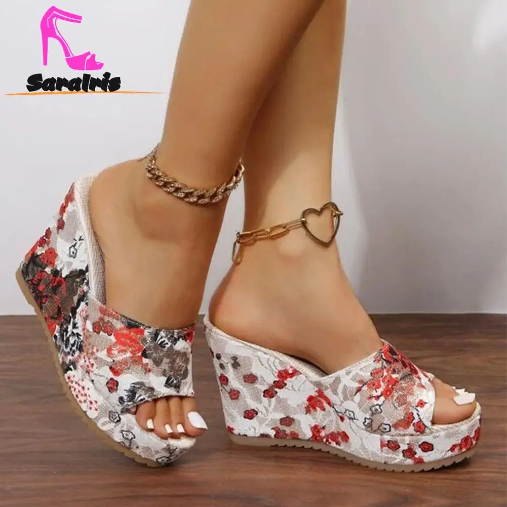 Platform Straw Women  Sandals 2023 Hot Fashion Vintage Wedge High Heels Elegant Sandals Slipper Flower Print Ankle Strap Sandals