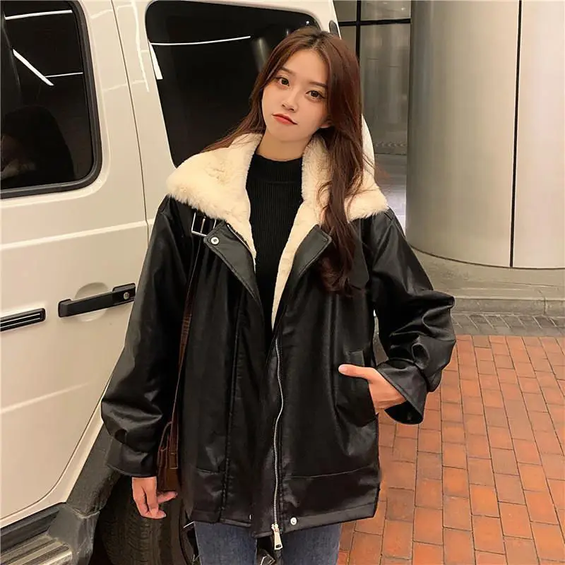 Autumn  winter 2022 Korean fashion loose plush thickened medium long faux fur wool long sleeved PU leather coat for women