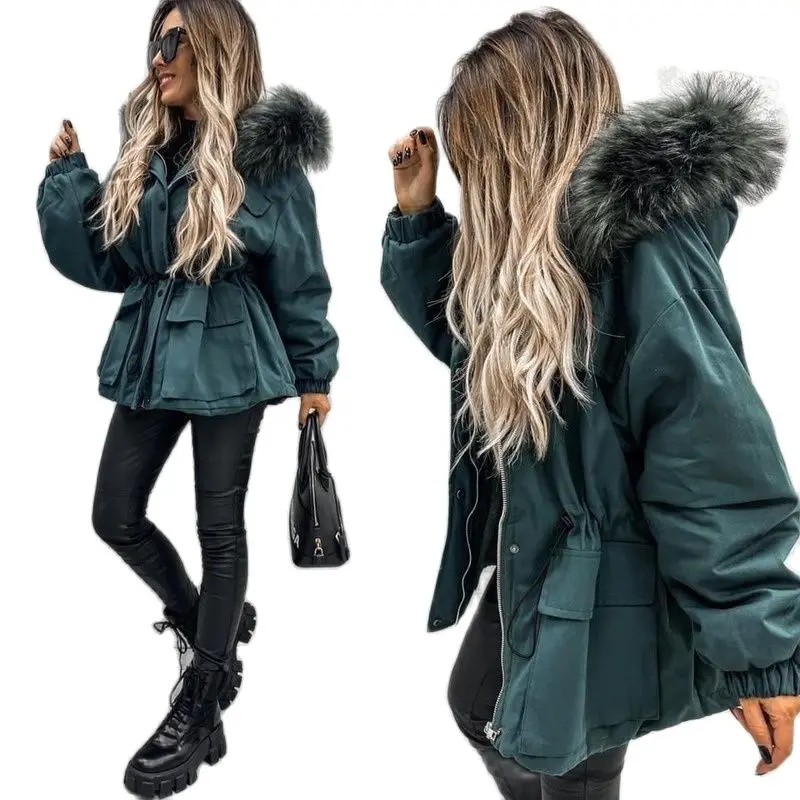 Autumn Winter Women's Parkas High Street Style Long Slim Fur Collar Thick Trendy Overcome Solid Color Hood Coat Jacket