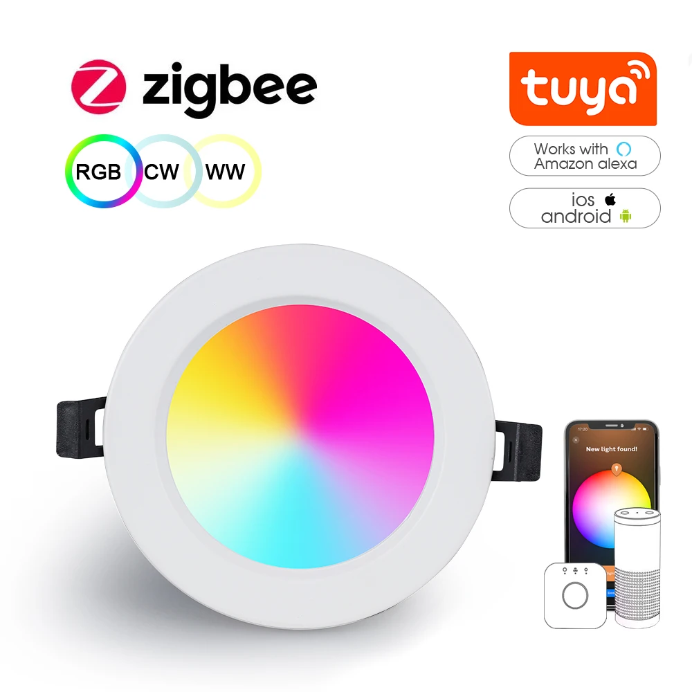 Smart Zigbee 3.0 Led Downlight RGB+CW+WW 4 Inch Round Ceiling Light Work with Hub Bridge Hub Echo Plus Alexa Voice Control
