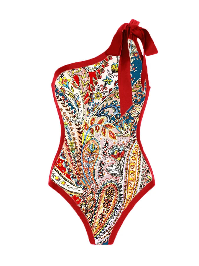 

New Retro One Piece Swimsuit Skirt One-Shoulder Strappy Swimsuit Print Floral Swimwear Women Slimming Bathing Suit Beach Wear