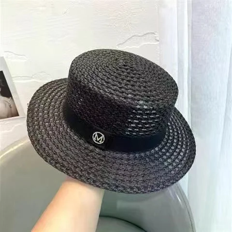 Black White Flat Top Fedora Cap Wide 