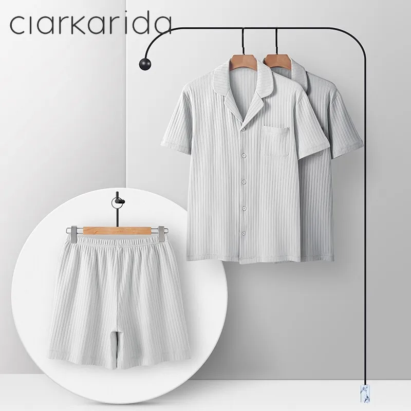

clarkarida Comfortable men's pajamas men's cotton home summer thin breathable short-sleeved home clothes suit ice silk sense