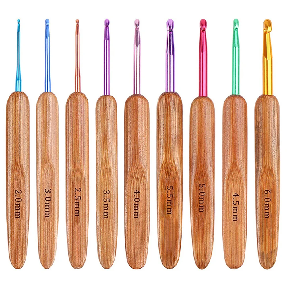 

9Pcs Bamboo Knitting Needles Set Crochet Hooks 2-6mm Crochet for Weave Yarn Handle Sewing Needles Tool Knitting Crochet Kit