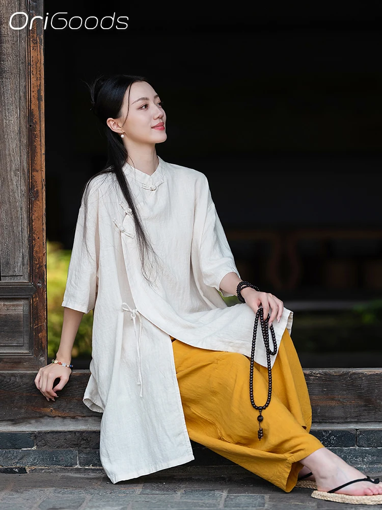 Льняная Длинная женская рубашка OriGoods из лиоцелла свободная тонкая Китайская