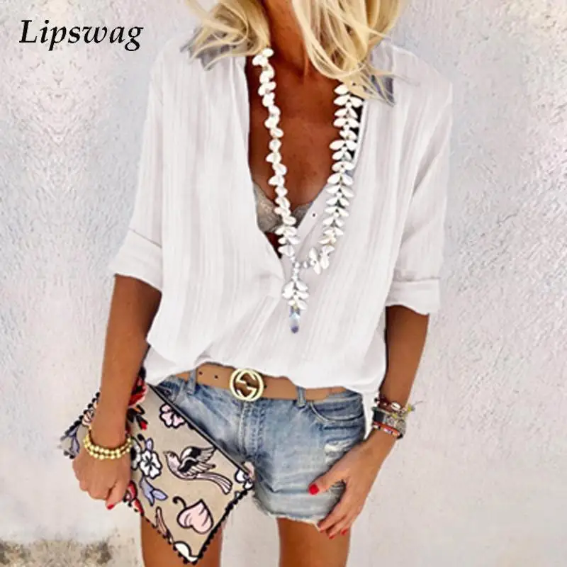 

2022 Autumn Casual Solid Blouse Shirts Women Sexy V-Neck Pullover Tops Office Lady Summer Fashion Long Sleeve Blusa Streetwear
