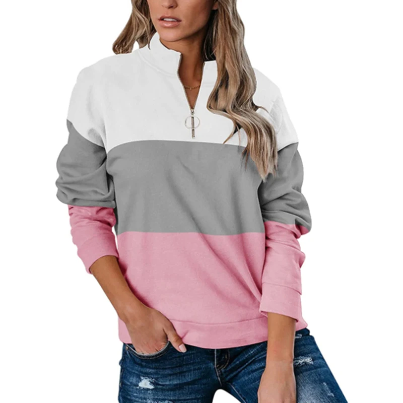 

Женский свитшот с длинным рукавом, Свитшот контрастных цветов, свитшот с воротником-стойкой и молнией, удобные теплые свитшоты на осень