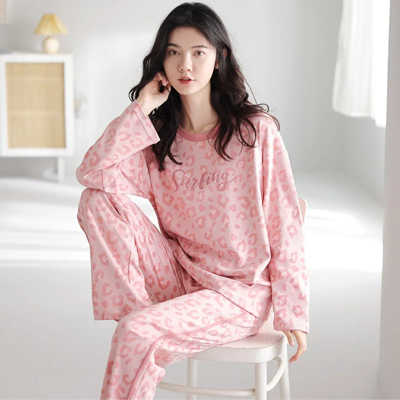 Fdfklak INS Net Red Cotton Pajamas Women New Long Sleeve Pant Suit Spring Autumn Home Clothes Cartoon Student Sleepwear Set