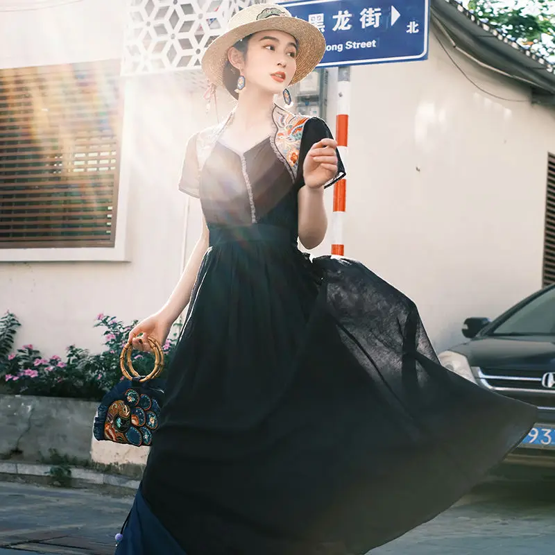 

2023 new summer dress chinese retro national style design elegant slim embroidery long dress female casual beach dress g891