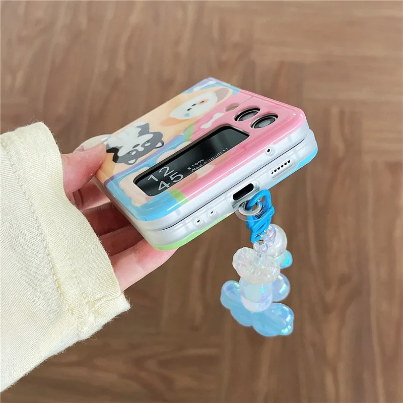 Lovely Style Striped Cat Dog Sticker Phone Case for Samsung Galaxy Z Flip 4 3 Hard Cover for ZFlip3 Zflip4 Solid Shell Bracket