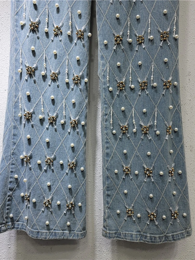 Женские джинсы с высокой талией DEAT прямые брюки из денима в клетку бусинами и