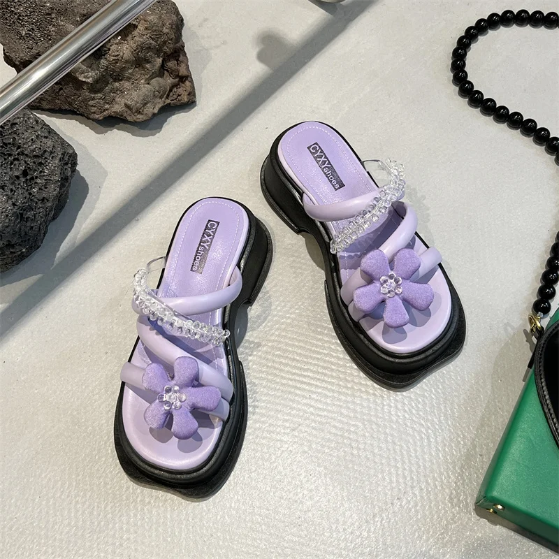 

Шлепанцы женские на платформе, повседневные сандалии на среднем каблуке, цветочные шлепанцы, роскошные базовые, из искусственной кожи, на р...