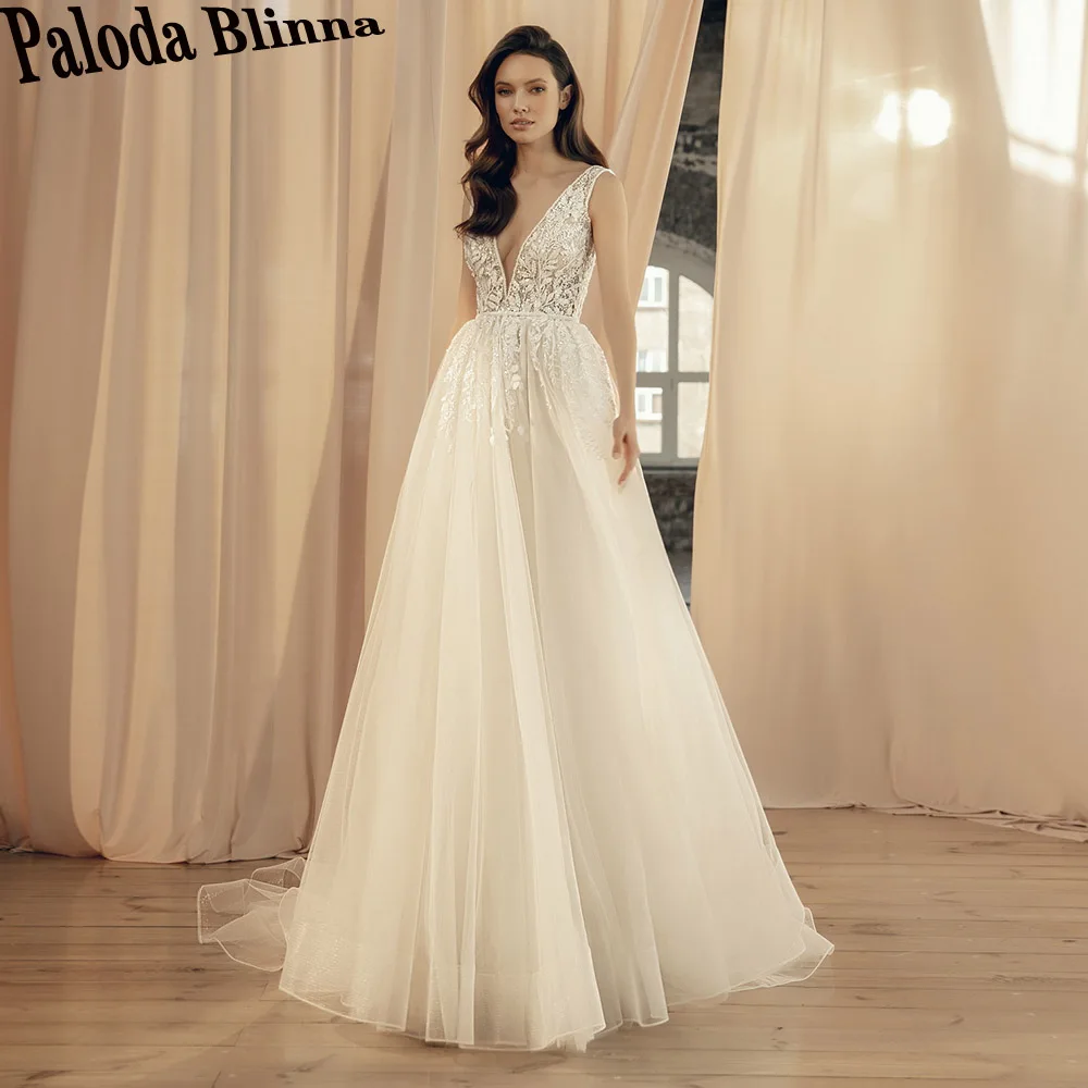 

Paloda A-LINE Tank Classic Wedding Dresses For Women Deep V-Neck Sleeveless Tulle Backless Court Train Pleat Vestidos De Novia